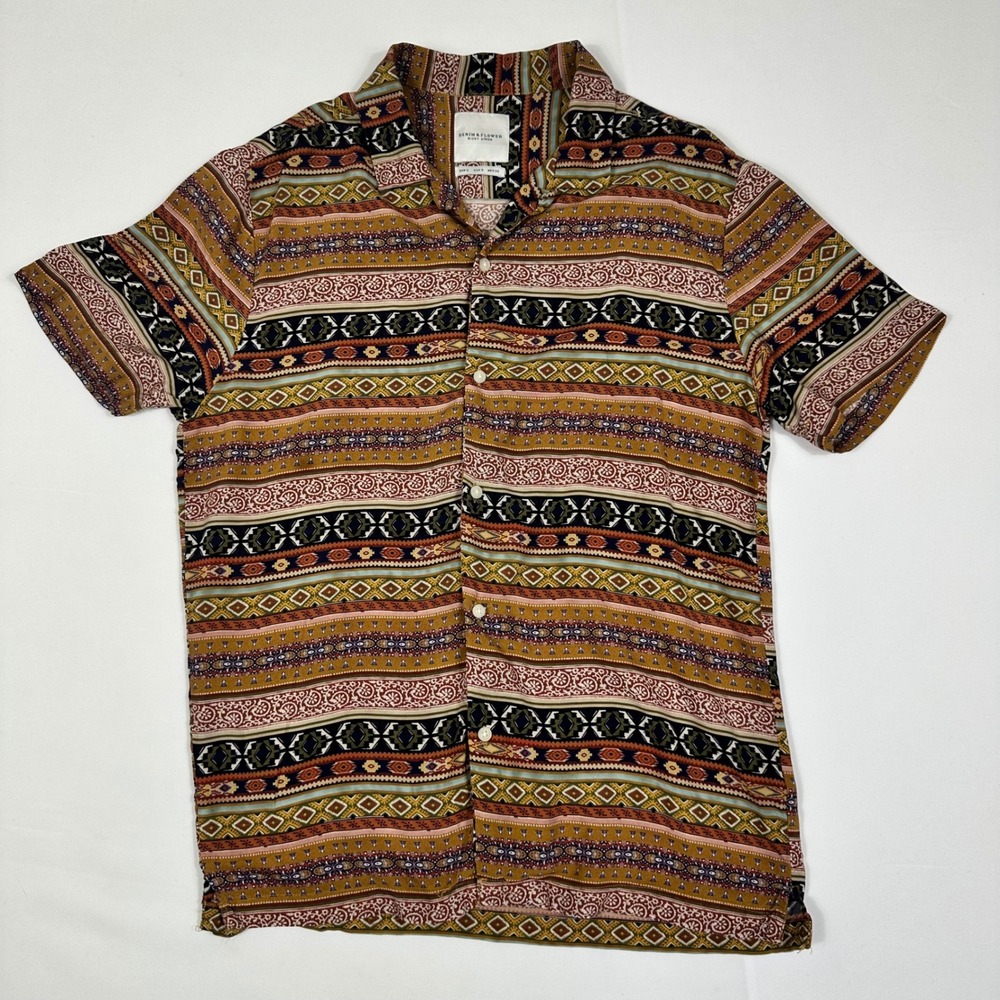 Denim & Flower Ricky Singh Small Short Sleeve Boho Geometric Print Viscose Shirt